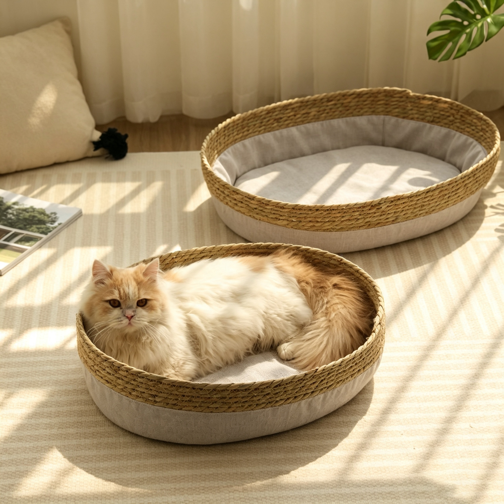 Oval Hand-Woven Straw Cat Bed